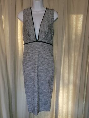 Hot Miami Styles Heather Gray Deep V Midi Dress with Black Trim